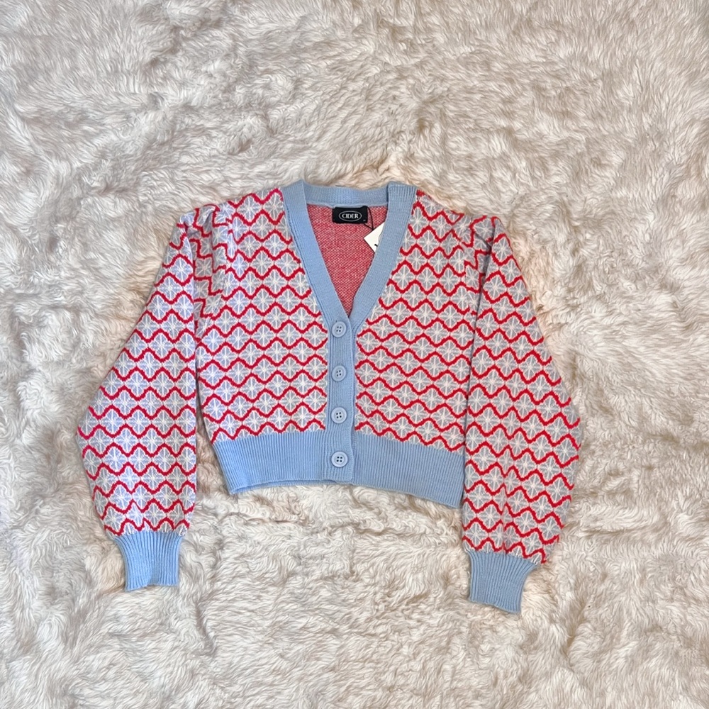 Cider Red and Blue Geometric Cardigan Sweater